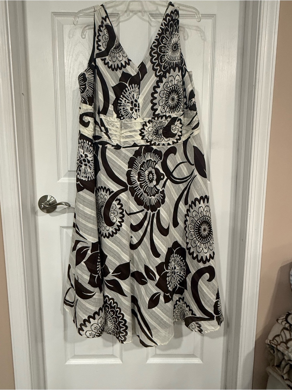 Amanda Lane Chocolate Brown and Cream Floral V-Neck Dress